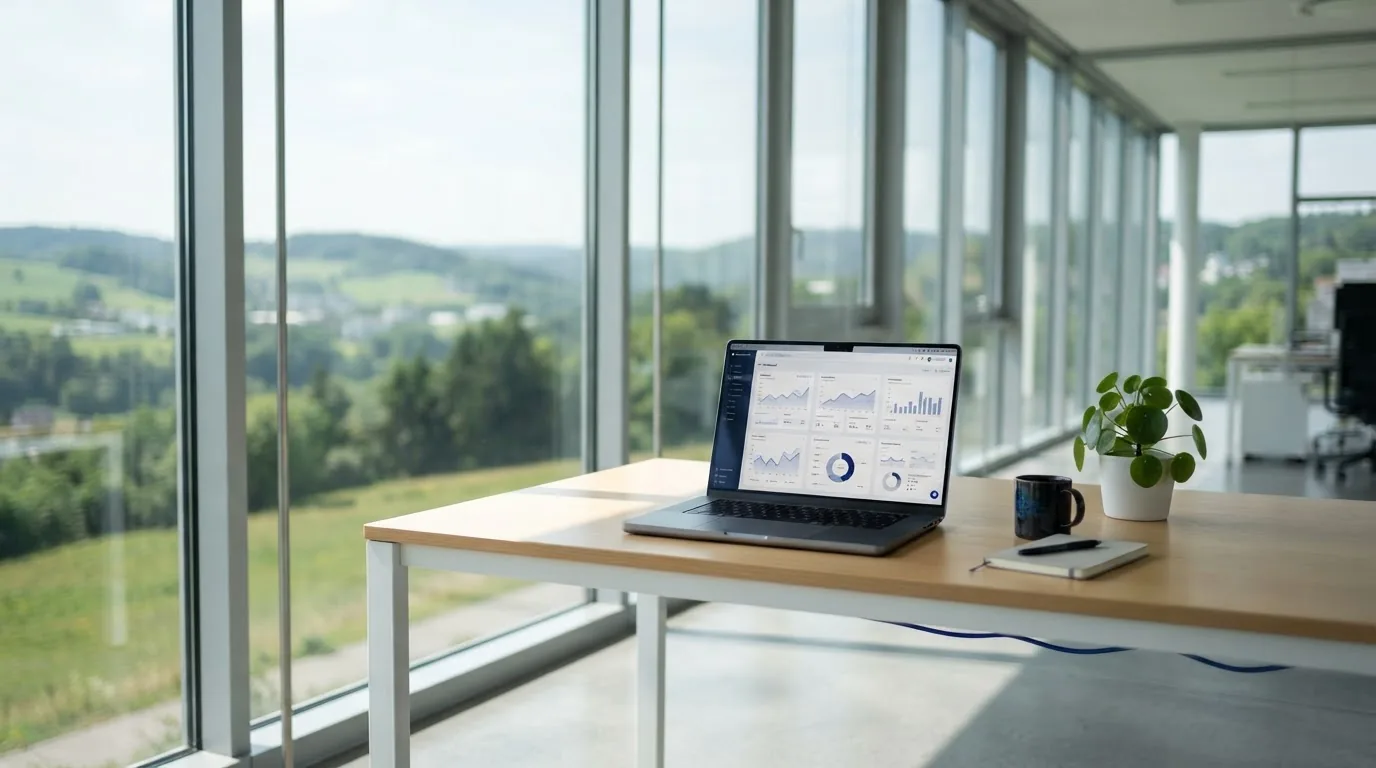 Modernes Büro mit KI-Dashboard auf einem Laptop in einem lichtdurchfluteten Arbeitsplatz